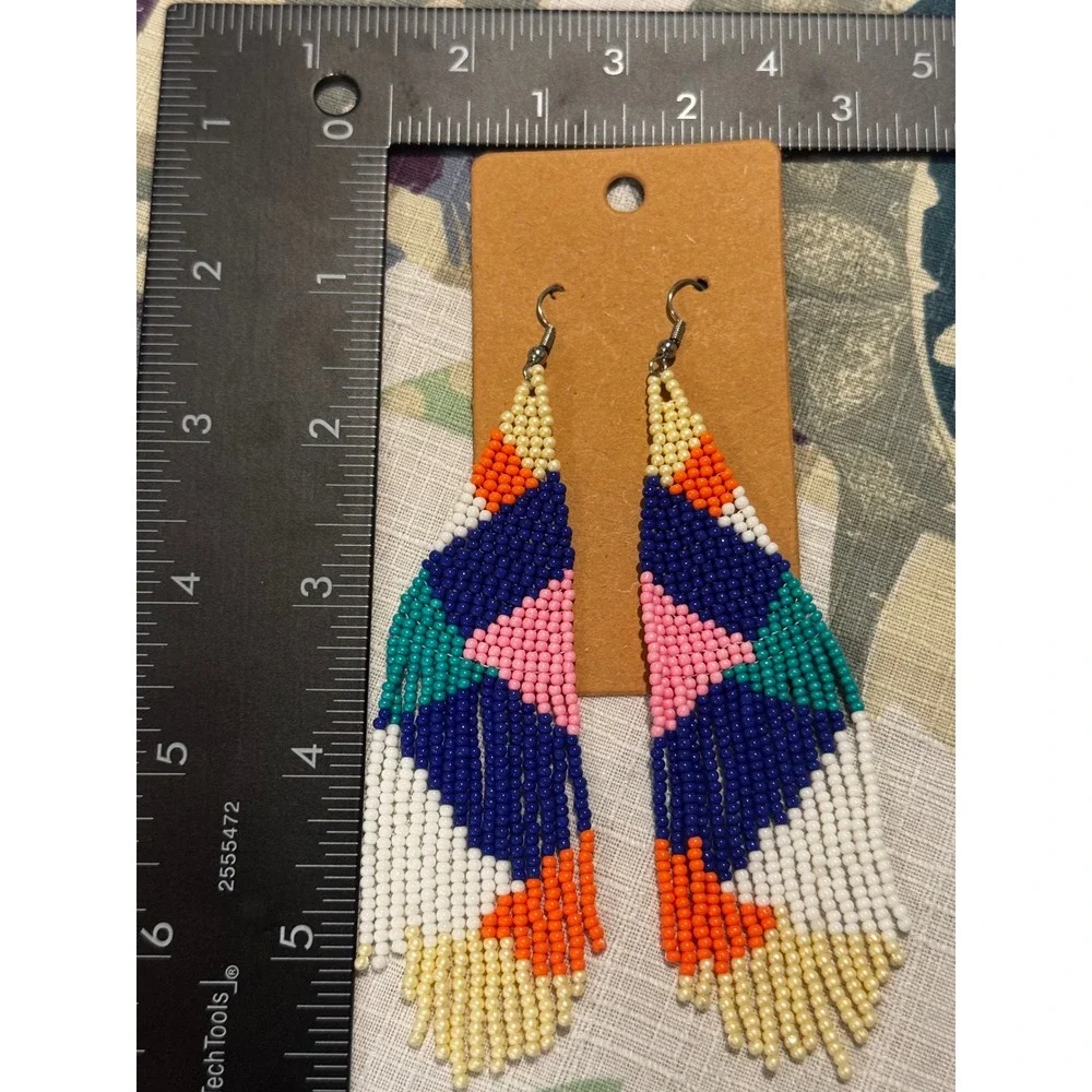 Handmade Seed Bead Fringe Earrings Geometric Boho Dangle Navy Orange Pink 5 Inch